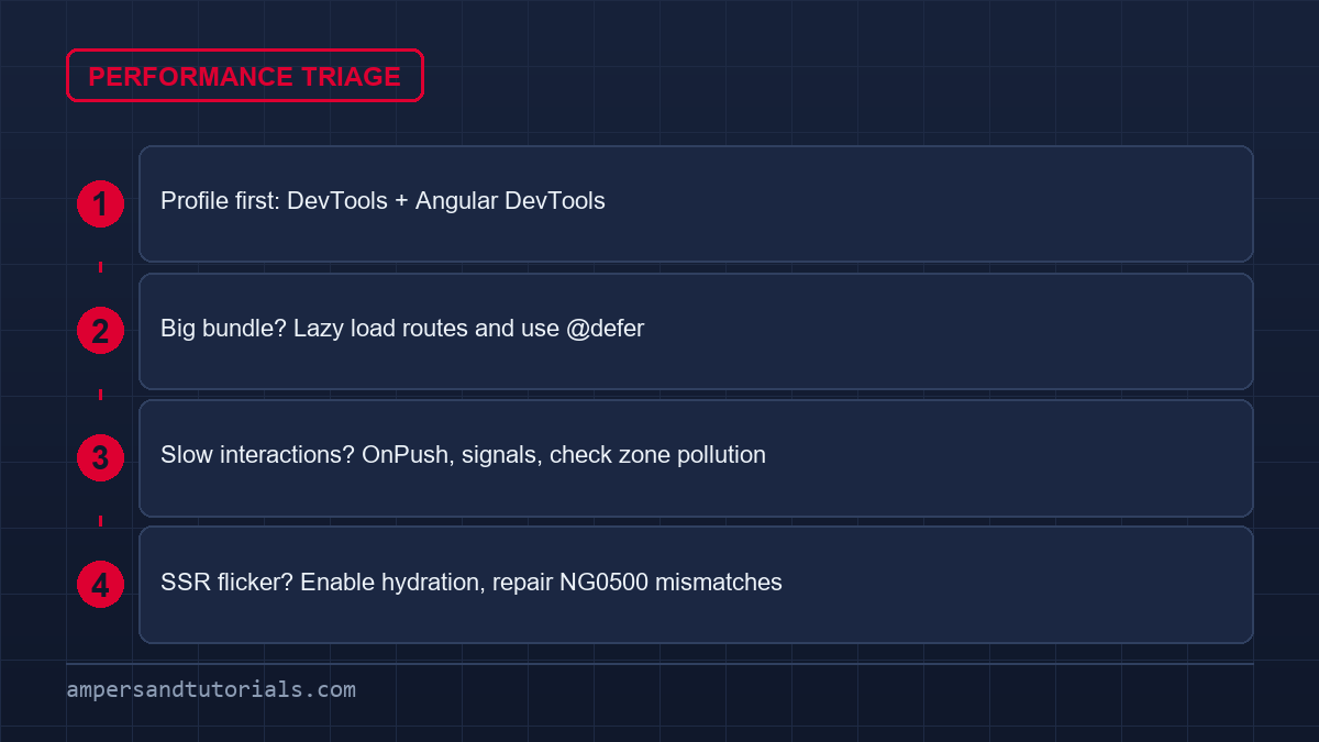 Angular common problems: performance triage flow — bundle size, change detection cost, SSR hydration.
