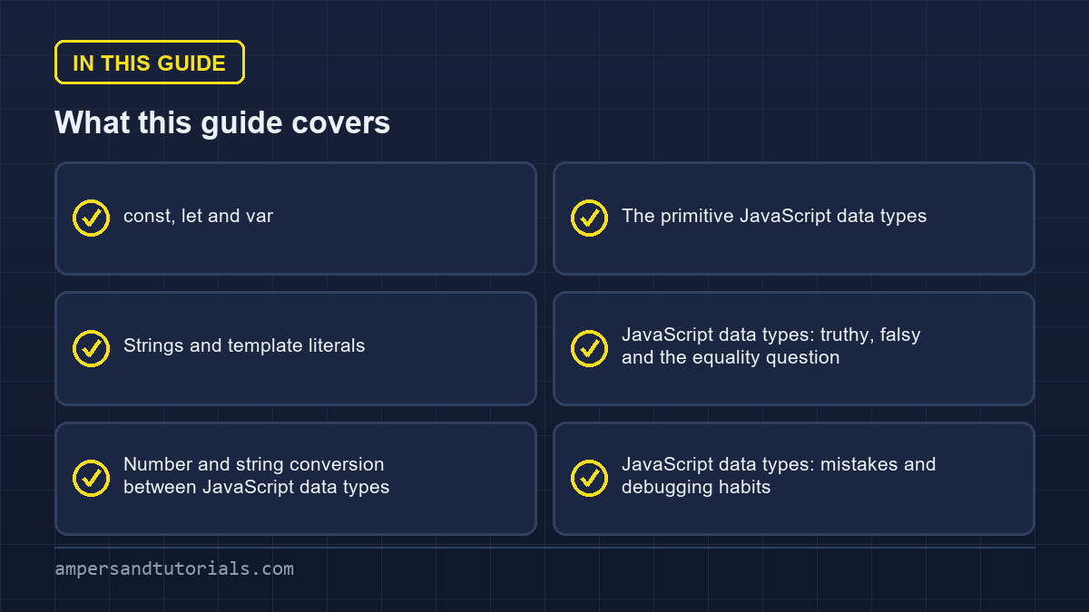 javascript data types guide coverage grid showing every section covered in this article.